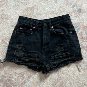 signature black distressed denim shorts